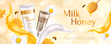 Honey cosmetics advertising composition with text and realistic images of cream tubes with comb and flowers vector illustrationのイラスト素材