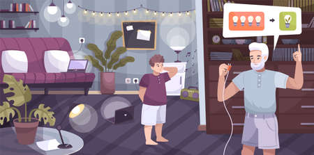 Save energy composition with man explains to his son to save the planet and conserve electricity vector illustrationのイラスト素材