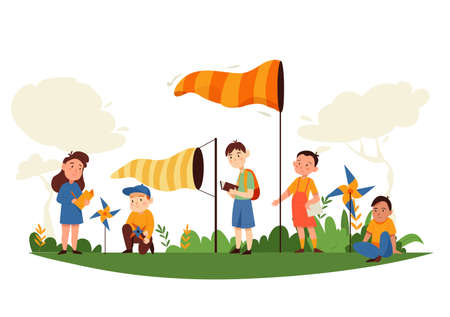 Nature study composition with outdoor scenery and cartoon characters of kids with free floating wind vane vector illustrationのイラスト素材