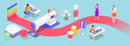 Textile mill spinning industry isometric composition with view of production stages with human characters and equipment vector illustrationのイラスト素材