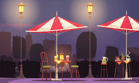Street cafe cartoon composition with tables cocktail drinks umbrellas in lantern light dark cityscape background vector illustrationのイラスト素材