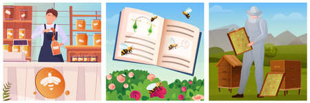 Beekeeping three flat color square illustrations with flying bees beekeeper and seller at counter with honey jars isolated vector illustrationのイラスト素材