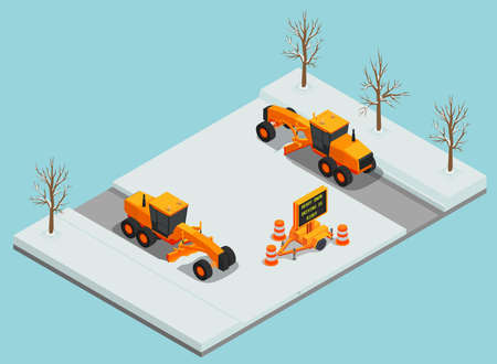 Snow cleaning removal machinery isometric composition with view of clearing vehicles on road with traffic cones vector illustrationのイラスト素材