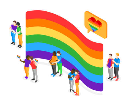 International day against homophobia isometric concept with some loving lgbt and gay couples standing at rainbow flag background vector illustrationのイラスト素材