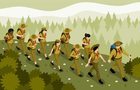 Adult mentors guiding kid scouts group hiking at wild forest nature background isometric vector illustrationのイラスト素材