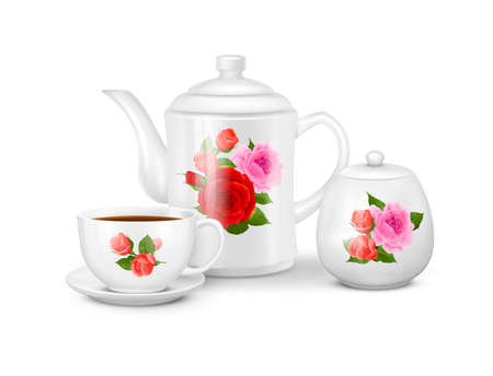 Realistic porcelain tea or coffee set with white cup saucer teapot and sugar bowl with floral ornament vector illustrationのイラスト素材