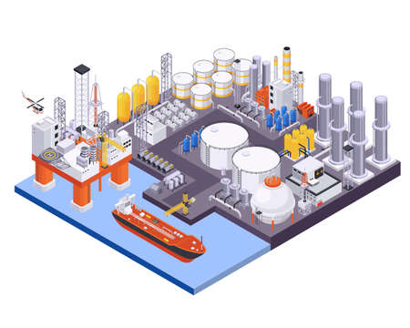 Oil petroleum industry isometric composition with view of maritime port with oil processing plant and platform vector illustrationのイラスト素材