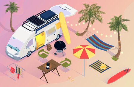 Isometric trailer park with van surfboard umbrella hammock palms on beach during sunset 3d vector illustrationのイラスト素材