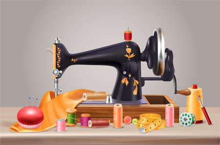 Sewing machine background with needles cushion and centimeter realistic vector illustrationのイラスト素材