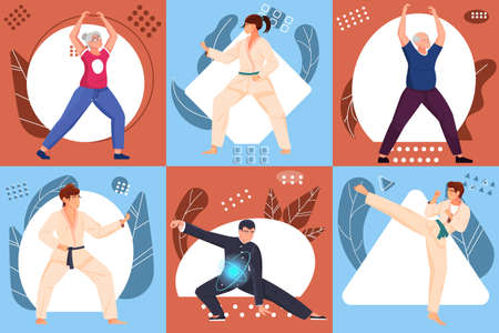 Martial arts compositions flat set with people of different ages in sport wear executing various exercises vector illustrationのイラスト素材