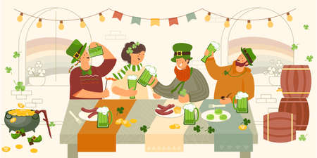 Patrick day party beer indoor composition with human characters of friends at restaurant table drinking beer vector illustrationのイラスト素材