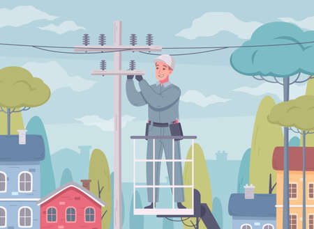 Electrician cartoon composition with outdoor scenery and man in uniform working with power lines on post vector illustrationのイラスト素材
