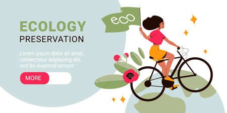Flat ecology preservation horizontal banner with woman riding bike with flowers and green flag vector illustrationのイラスト素材