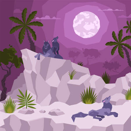 Landscape flat composition with view of tropical night with moon and palms with wolves on cliffs vector illustrationのイラスト素材