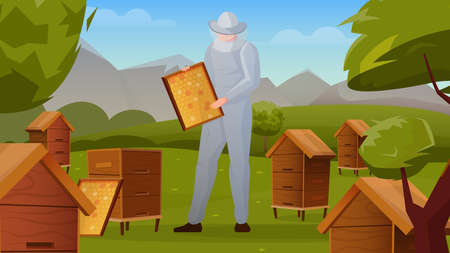 Bee apiary in rural landscape horizontal flat composition with beekeeper holding frame with honeycombs vector illustrationのイラスト素材