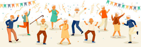 Cartoon colored elderly people happy life composition with confetti party for adult women and men vector illustrationのイラスト素材