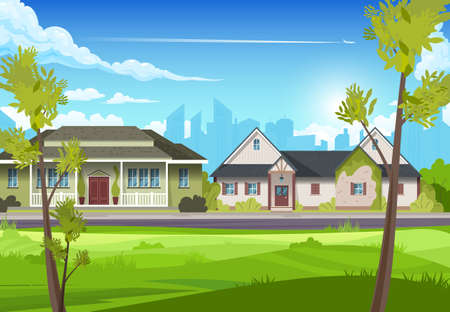 View of two suburban country houses with thin trees in the foreground flat vector illustrationのイラスト素材