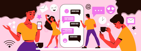 Social network composition with doodle characters of people with gadgets smartphones and icons of messages emoticons vector illustrationのイラスト素材