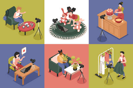 Blogger isometric design concept with kid and fashion blog symbols square isolated vector illustrationのイラスト素材