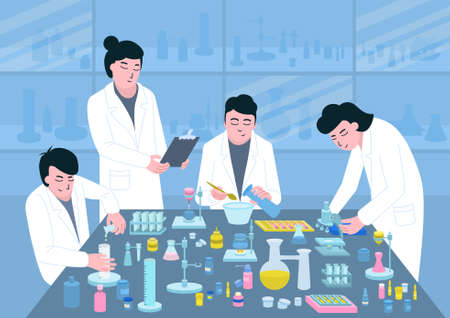 Medical development at the table of pharmaceuticals on a blue background flat vector illustrationのイラスト素材