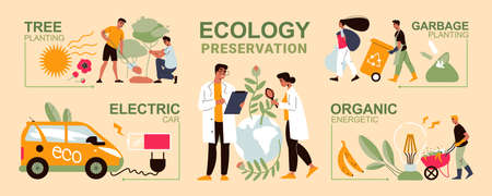 Ecology preservation infographics with electric car people planting trees collecting garbage flat vector illustrationのイラスト素材
