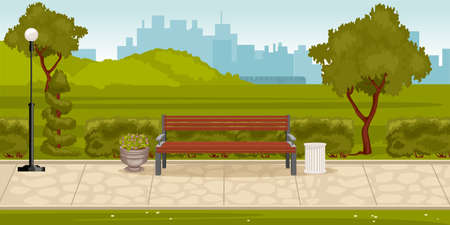 Park composition with outdoor landscape of city park with green hills lane with bench and cityscape vector illustrationのイラスト素材
