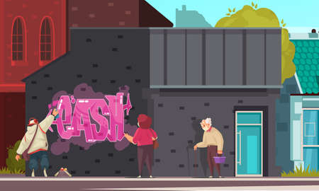 Graffiti art cartoon composition with woman and old man watching street artist spray painting wall vector illustrationのイラスト素材