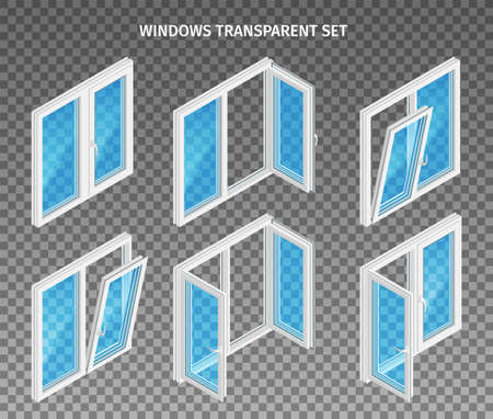 Set of double and three leaf plastic windows with opened and closed casements on transparent background isolated vector illustrationのイラスト素材