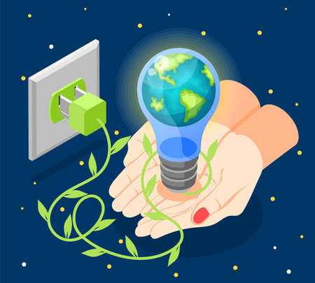 Isometric earth hour composition with human hands holding globe in light bulb on dark background with stars vector illustrationのイラスト素材
