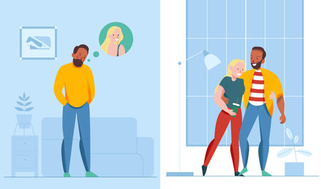 Lonely and together design composition with relationship symbols flat isolated vector illustrationのイラスト素材