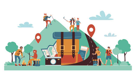 Self guided camping travel cartoon composition with online map location symbols tourists hiking climbing mountains vector illustrationのイラスト素材