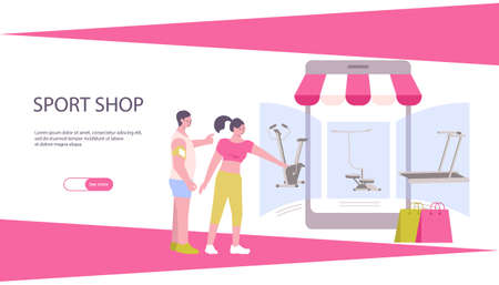 Sport shop horizontal banner with editable text see more button and flat characters of store clients vector illustrationのイラスト素材