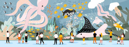 Men women and kids watching giant sea creatures and underwater plants in oceanarium flat horizontal vector illustrationのイラスト素材