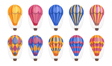 Air travel balloons icons in different color variations set flat vector illustrationのイラスト素材
