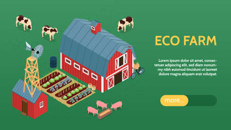 Ecological organic farming online eco farm isometric website banner with barn windmill livestock vegetables background vector illustrationのイラスト素材