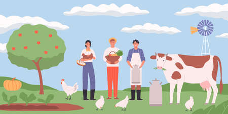Farm landscape flat background with hens cow and happy farmers holding eggs basket with harvest can of milk vector illustrationのイラスト素材