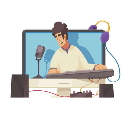 Cartoon video blogger singing and playing keyboard online vector illustrationのイラスト素材