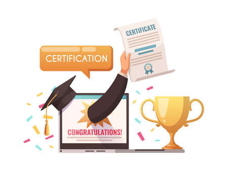 Online courses university education composition with student hand holding certificate cartoon vector...