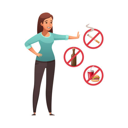 Healthy lifestyle cartoon composition with female character getting rid of smoking consuming alcohol and junk food vector illustrationのイラスト素材