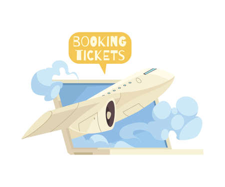 Booking tickets online composition with laptop and flying plane cartoon vector illustrationのイラスト素材