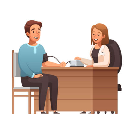 Healthy lifestyle cartoon composition with man measuring blood pressure at doctors vector illustrationのイラスト素材