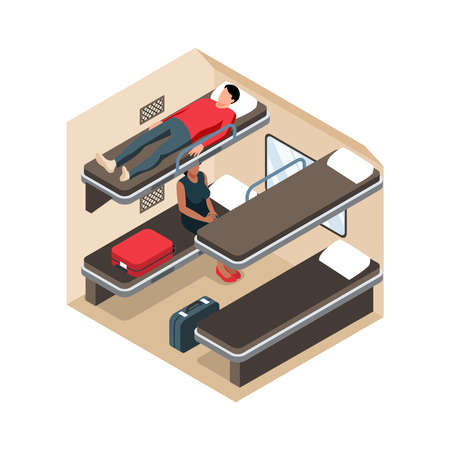 Isometric railway composition with view of section in long distance train carriage with sleeping seats and passengers vector illustrationのイラスト素材