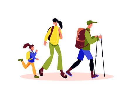Family active holidays composition with characters of daughter mother and father with walking sticks vector illustrationのイラスト素材
