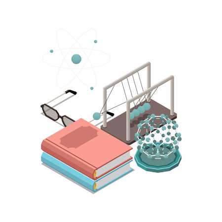 Stem education isometric concept icons composition with images of physical models and stack of books vector illustrationのイラスト素材