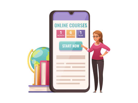 Online educational courses icon with smartphone app and cartoon character of teacher vector illustrationのイラスト素材