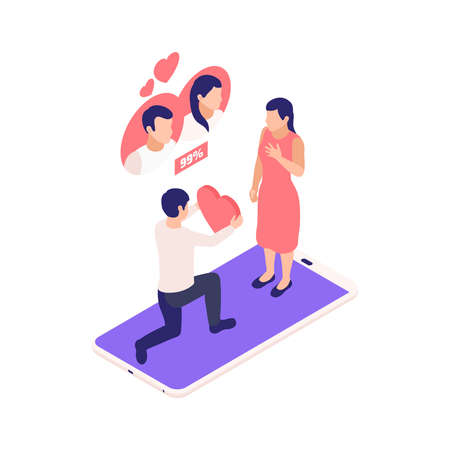 Virtual relationships online dating isometric composition with man giving heart to woman on top of smartphone vector illustrationのイラスト素材