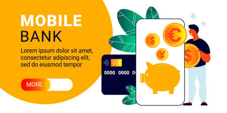 Mobile bank horizontal banner with editable text button and images of smartphone credit card and coins vector illustrationのイラスト素材