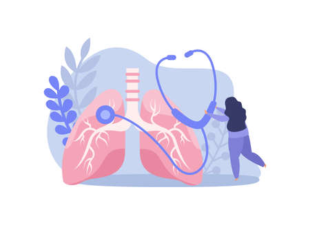 Lung inspection flat icons composition with female doctor holding sthethoscope and human lungs vector illustrationのイラスト素材