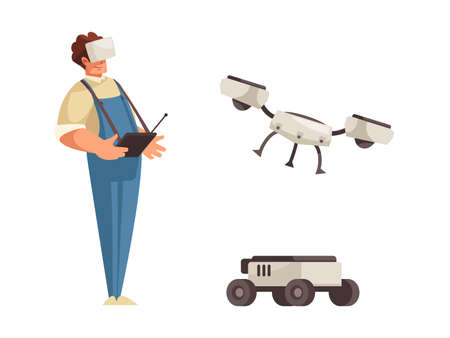 Man in uniform controlling flying drone and automatic vehicle flat isolated vector illustrationのイラスト素材
