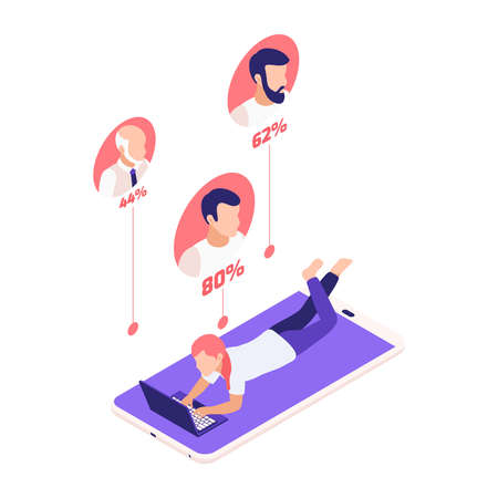 Virtual relationships online dating isometric composition with girl lying on smartphone and potential partners avatars with percentage vector illustrationのイラスト素材